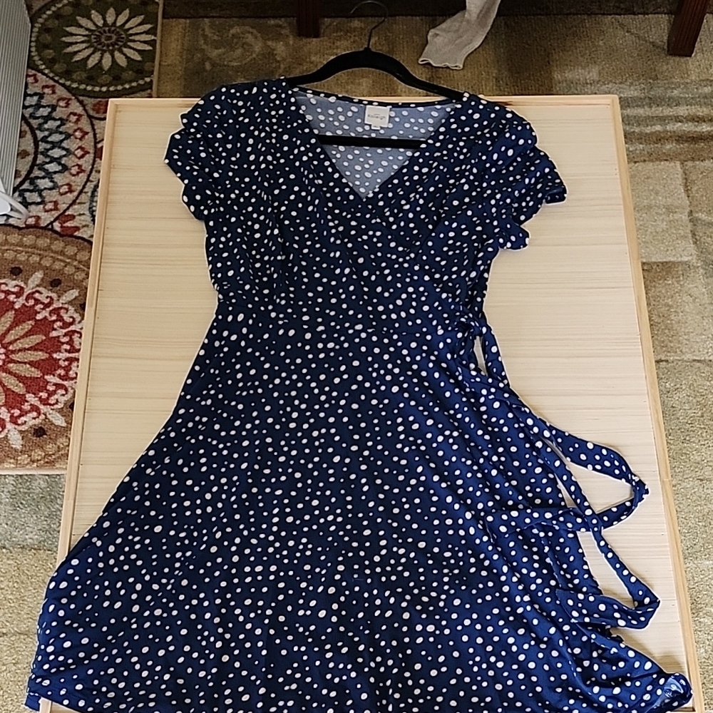 Kaileigh Navy Blue Polka Dot Midi Wrap Dress